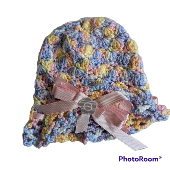 Hand Crocheted Multi Color Pastel Infant Size Beanie Hat with Pink Ribbon Bow - Picture 1 of 8